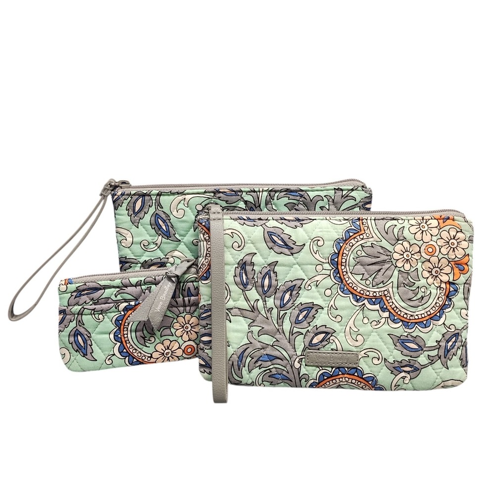 Set of‎ 3 Vera Bradley Escapade Pouch Wristlet Womens Teal Multi Floral Quilted